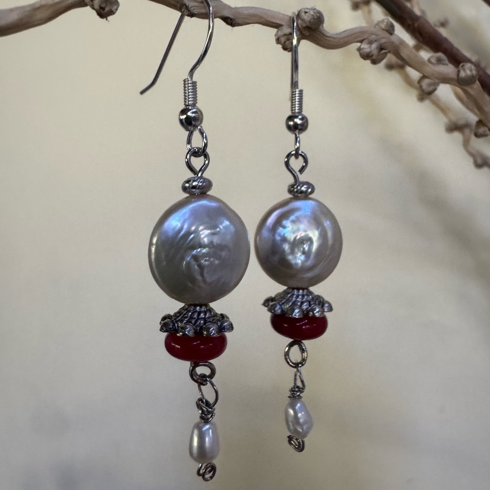 Handcrafted Genuine Silver Coin Pearl & Red Coral Bead Drop w/ Dangles Earrings - Picture 6 of 15